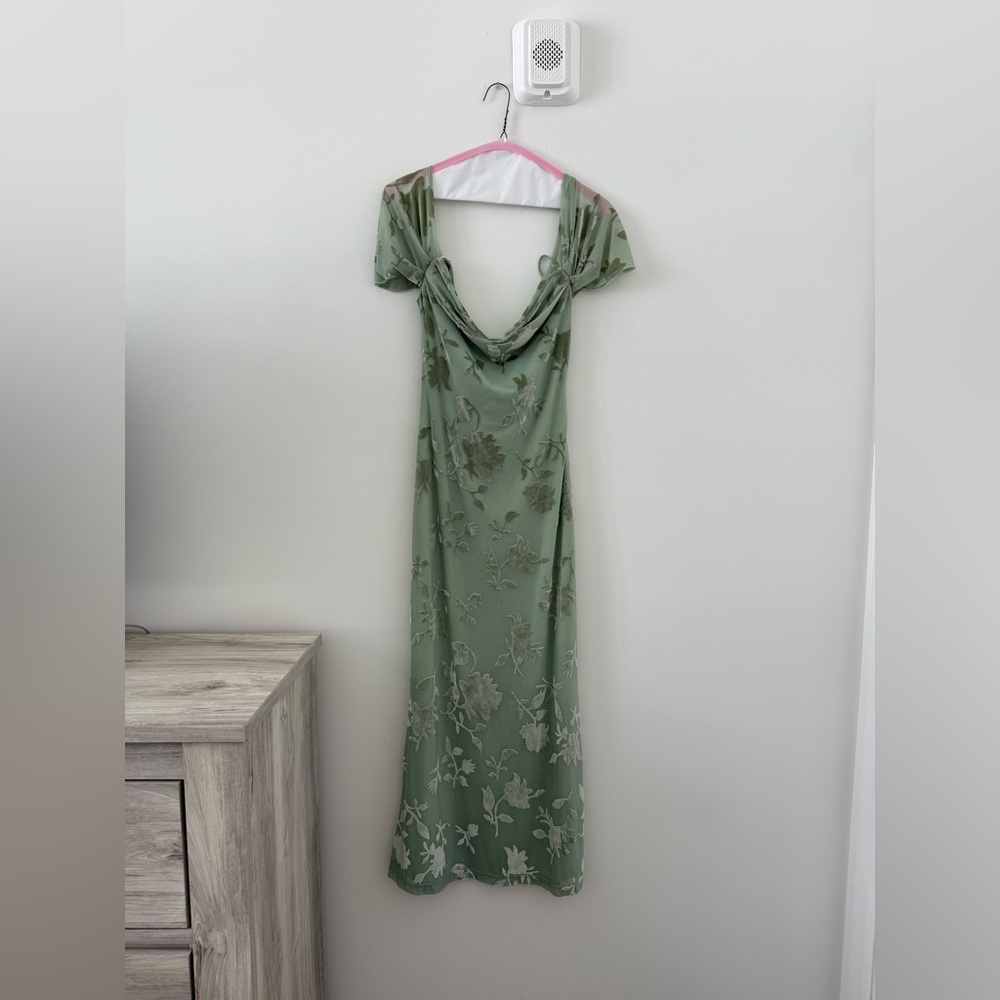 HELLO MOLLY GOOD FUN OFF SHOULDER GREEN MAXI DRESS